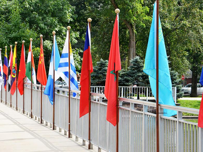 International flags lined up along the Slep Portico